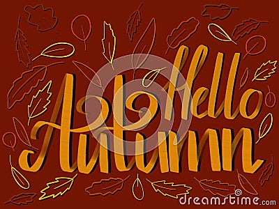 Autumn illustration with orange lettering, autumn leaves on a dark background. Cartoon Illustration