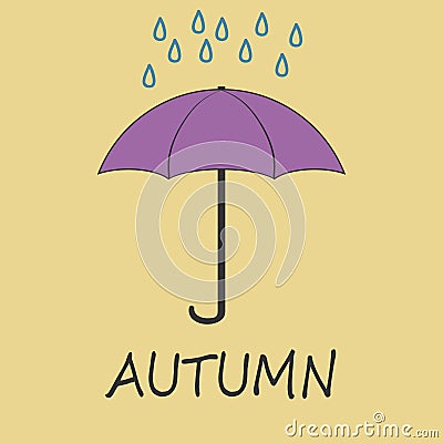 Autumn illustration with an umbrella and falling rain drops. Vector Illustration