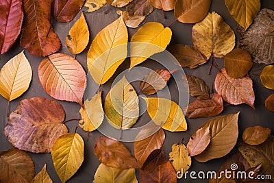 Autumn illustration reflects the essence of the season, different leaves on a gray background, top view Cartoon Illustration
