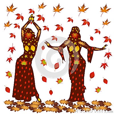 Autumn illustration of two dancing women, on a background of autumn leaves. Vector Illustration