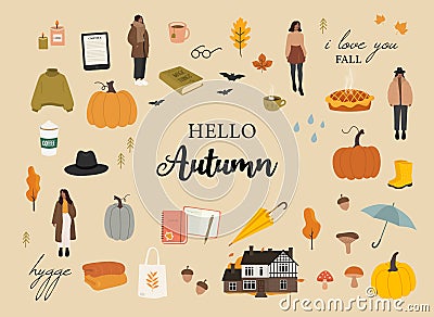 Autumn illustrations set. Cozy cute fall season set. Sweater, book, tea, rain. Fashion girls. Vector Vector Illustration