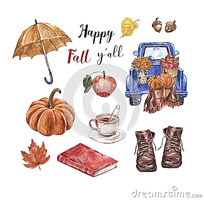 Autumn illustrations set. Watercolor hand drawn truck, pumpkins, flowers, foliage, book, umbrella, fall boots Cartoon Illustration