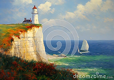 Autumn Inspiration: A Lighthouse Cliff View of Chalk Cliffs, Sai Stock Photo