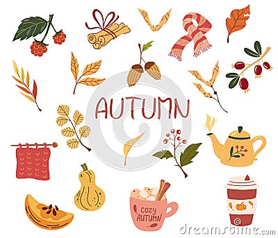 Autumn items. Autumn bundle of cute and cozy design elements. Greeting card small autumn pleasures with tea, pumpkin, leaves, Vector Illustration