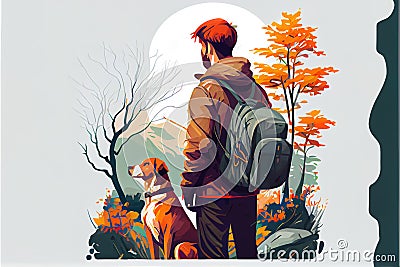 Autumn journey of a man with a dog, background. Stock Photo