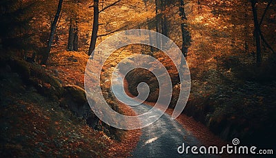 Autumn journey on a tranquil forest footpath generated by AI Stock Photo