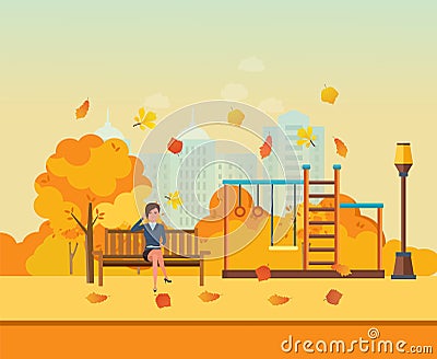 Autumn kids playground, girl resting in park, communicates by phone. Vector Illustration