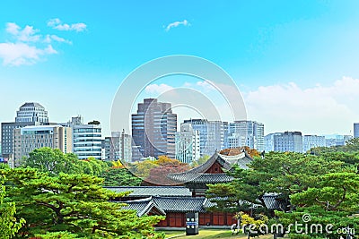 Autumn of Korean tradition architectural of Changgyeonggung Palace and modern building cityscpae modern office view background, Stock Photo