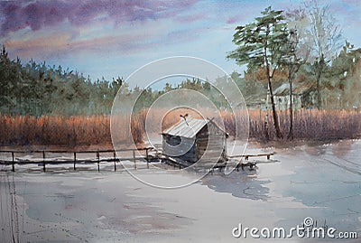 Abstract watercolor sketch of house on a forest lake. Stock Photo