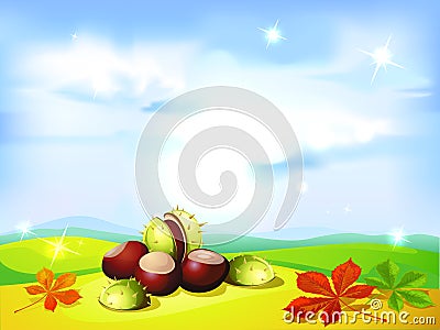 Autumn landscape background with chestnuts Vector Illustration