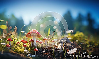 Autumn landscape in blue sunny sky with Flyagaric,red fly agaric mushroom on green grass with defocused foliage. Understory forest Stock Photo