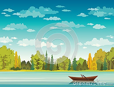 Autumn landscape - boat, lake, forest. Vector Illustration