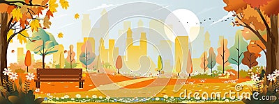 Autumn landscape with building city with blue sky behind the park,Vector illustration cartoon Fall season at the town in the Cartoon Illustration