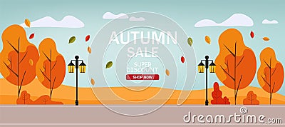 Hello autumn, sale banner, autumn park, autumn park banner, flat illustration Vector Illustration