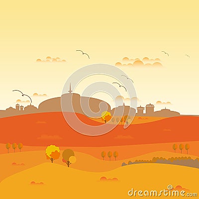 Autumn landscape with castle, bird, leaf, trees, cloud and dry grass. Vector Illustration Background Stock Photo