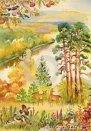 Autumn landscape with deer Stock Photo