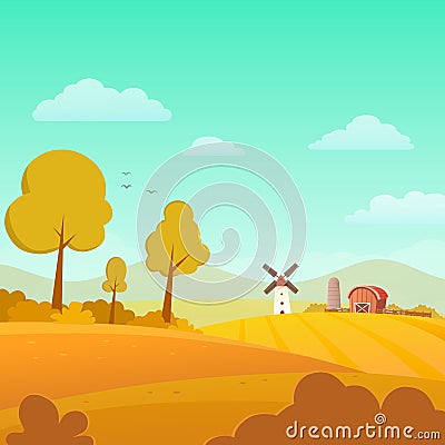 Autumn Landscape with Farm on Sunny Day Vector Illustration