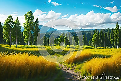 Autumn landscape with field with yellowed grass, trees, forest, mountains in the distance and a blue sky with white clouds. AI Stock Photo