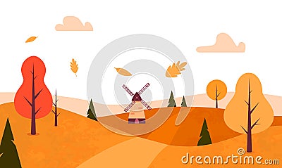 Autumn Landscape. Flat style. Fall trees, leaves, windmill. Vector Cartoon Illustration