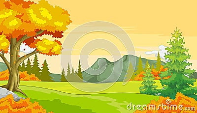 Autumn Landscape Forest View With Grass Field, Trees, and Mountain Range Cartoon Vector Illustration Vector Illustration