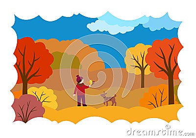 Autumn landscape with a girl, a dog and leaves Vector Illustration