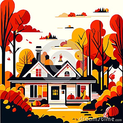 Autumn landscape with house and trees. Vector illustration in flat style generative AI Vector Illustration
