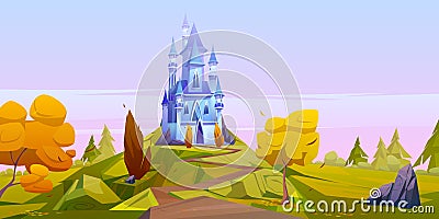 Autumn landscape with magic blue castle Vector Illustration