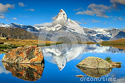 Autumn landscape with Matterhorn peak and Stellisee lake,Valais,Switzerland Stock Photo