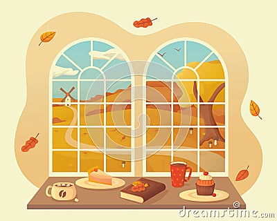 Autumn landscape with mushrooms and fallen leaves view window background Vector Illustration