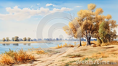 Autumn Landscape Painting: Hill, River, And Rural Life Scenes Stock Photo