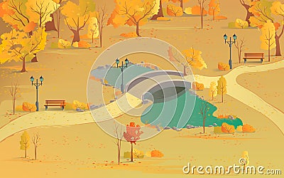 Autumn landscape path in the forest with a bridge over the pond. Beautiful scenery with golden colors Vector Illustration