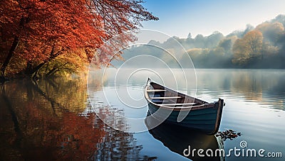 Autumn landscape with small wooden boat by the river bank. Generated AI Stock Photo