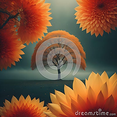 Autumn landscape with sunflowers and a tree in the fog. generative ai Stock Photo