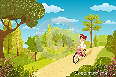 Woman cycling, fitness sport exercises. Person riding bicycle in forest park, enjoy healthy lifestyle. Girl ride by bicycle in par Vector Illustration