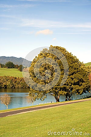 Autumn landscape, trees, river and meadow Stock Photo