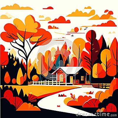Autumn landscape with trees, road and houses. Vector illustration. Generative AI Vector Illustration