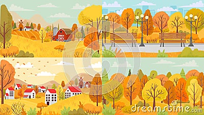 Autumn landscape, village, park, farm, forest. Country houses with yellow and orange trees and farm fields Vector Illustration