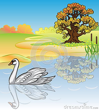 Autumn landscape with a white swan. Vector Illustration