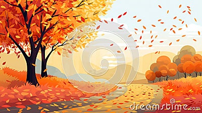 Autumn landscape. Yellow and orange trees with falling foliage and a path, copy space Stock Photo