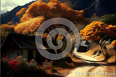 Autumn landscape with yellow trees, road and house in the mountains Stock Photo