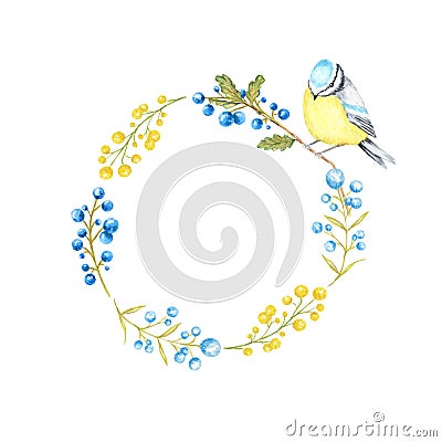 Autumn leaf, berries and Tomtit birds Frame isolated on a white background. Watercolor Bird BlueTit sitting on the Stock Photo