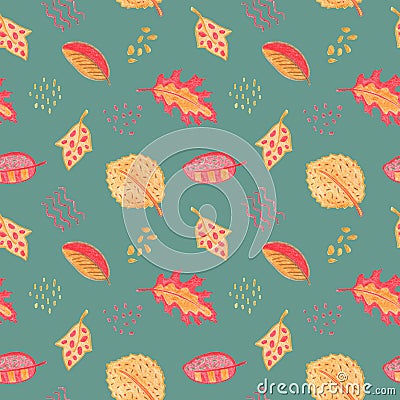 Autumn leaf floral seamless pattern. Yellow red leaf on dusty blue background. Fall leaf crayon handdrawn illustration Cartoon Illustration