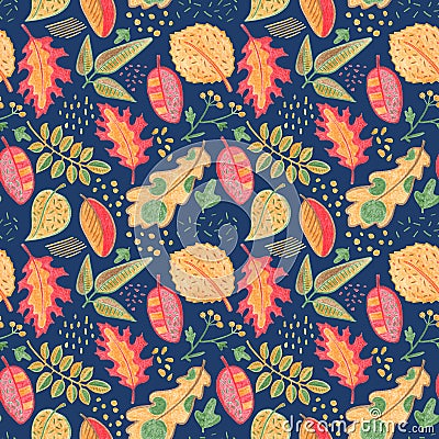 Autumn leaf floral seamless pattern. Yellow red leaves on dark blue background. Fall leaf crayon handdrawn illustration. Cartoon Illustration