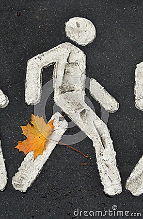 Autumn Leave on a pedestrian crossing Stock Photo