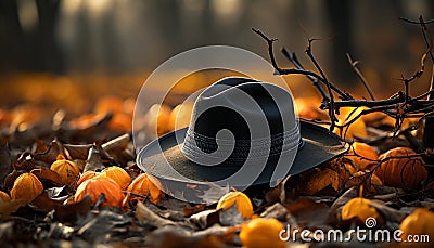 Autumn leaves adorn the pumpkin, nature Halloween decoration generative AI Stock Photo
