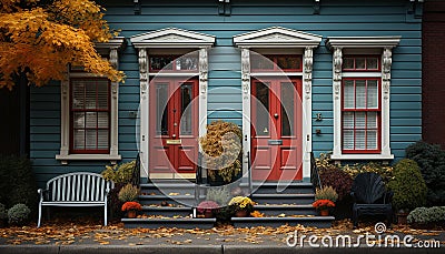 Autumn leaves adorn the rustic cottage green facade, welcoming home generated by AI Stock Photo