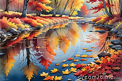 Autumn Leaves Adrift on a Gentle Stream: Reflections of Amber and Crimson Under a Clear Azure Sky Stock Photo