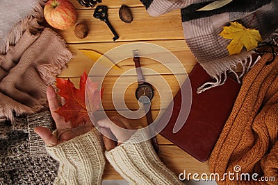 Autumn leaves, an apple, cozy scarves and knitted sweaters, an e-book, flat, the concept of a hugg, winter or autumn mood Stock Photo