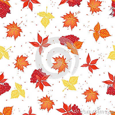 Autumn leaves and ashberry seamless vector pattern Vector Illustration