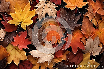 Autumn Leaves Background. Seasonal Fall Leaves backdrop. Autumnal natural wallpaper. Orange maple leaves. AI Generated Stock Photo